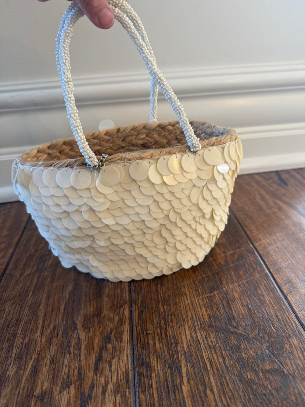 Zara Cream Sequin Straw Tote with Beaded Handles
